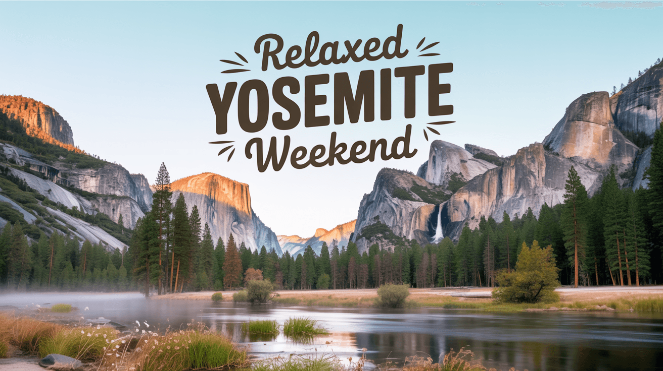 Wide landscape of Yosemite Valley at sunrise with &ldquo;Relaxed Yosemite Weekend&rdquo; text, featured image for a two day easy-walk itinerary with big scenic views.