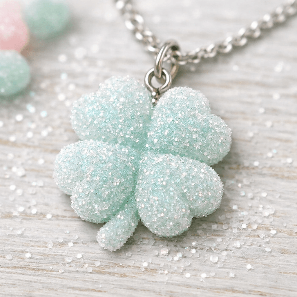 Close up of a frosted four leaf clover polymer clay charm with a sugar dusted gummy texture