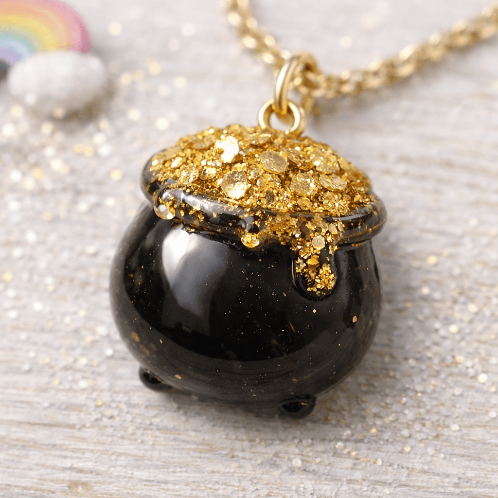 Small black cauldron charm filled with domed gold glitter resin to look like an overflowing pot of gold