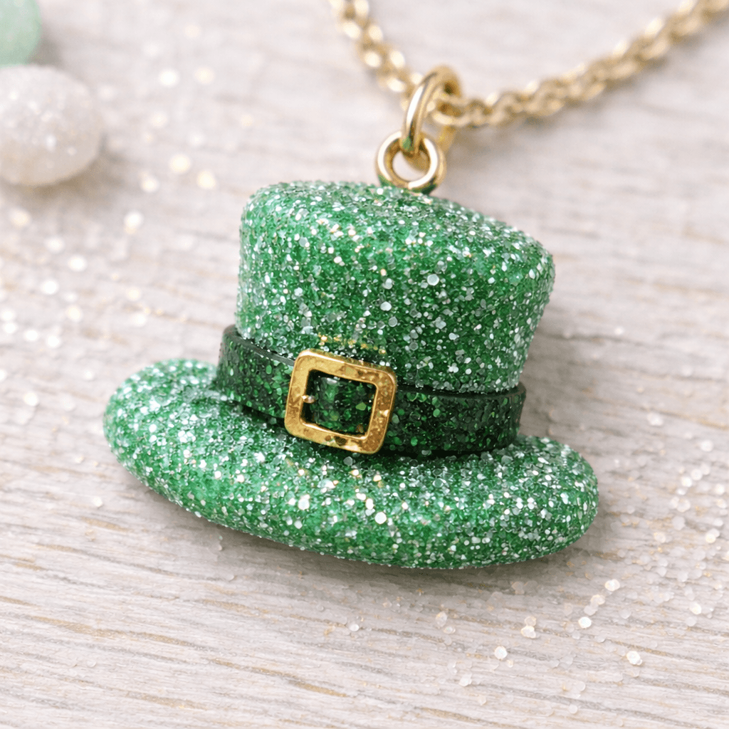 Mini Irish top hat charm in emerald green clay with a dark band, gold buckle, and sugar dusted brim