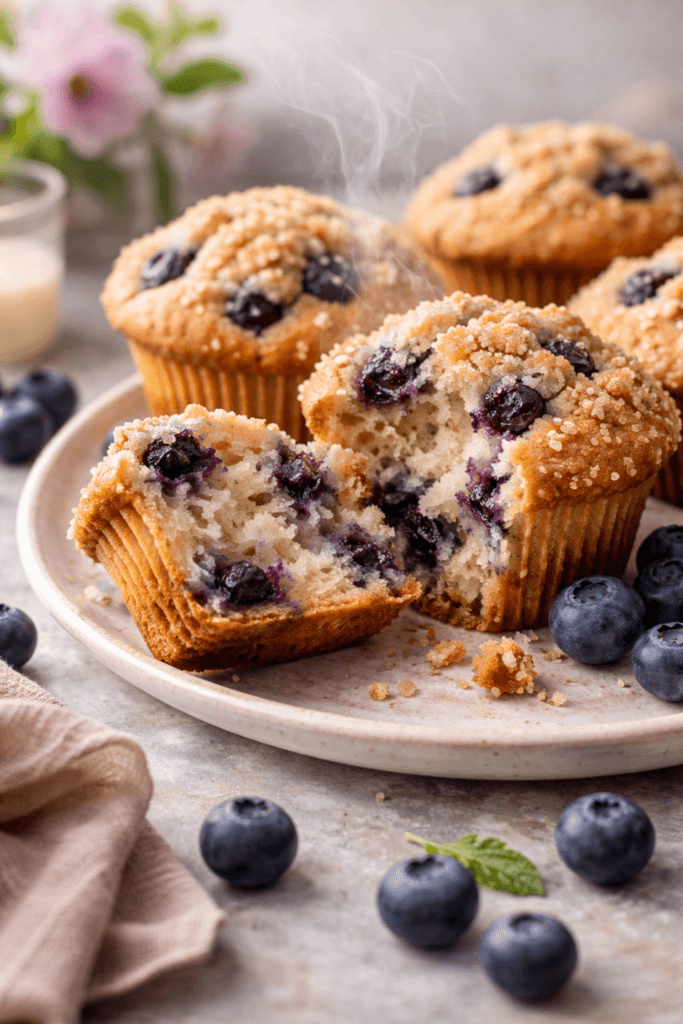 a steaming plate of vegan blueberry mufins image. One muffin is broke open to show inside