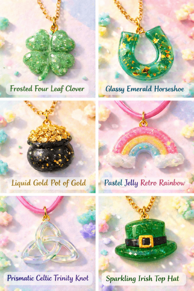 DIY Lucky Charm Jewelry with shamrock, horseshoe, pot of gold, Celtic knot pendants, and rainbow charms on a tray, styled for a craft tutorial.