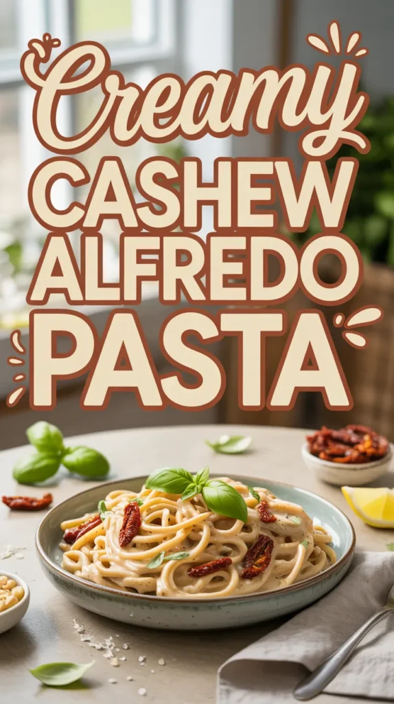 Creamy short pasta coated in vegan cashew alfredo sauce, topped with sun-dried tomatoes and fresh basil in a white bowl on a light tabletop.