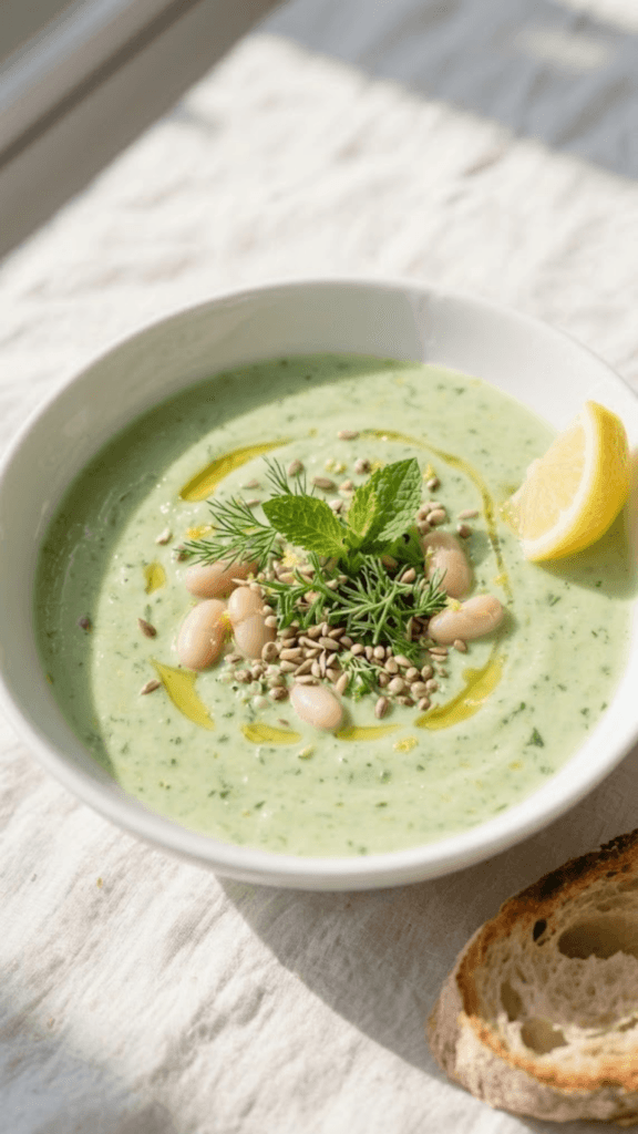 Creamy Pea Soup, high protein vegan spring recipes.