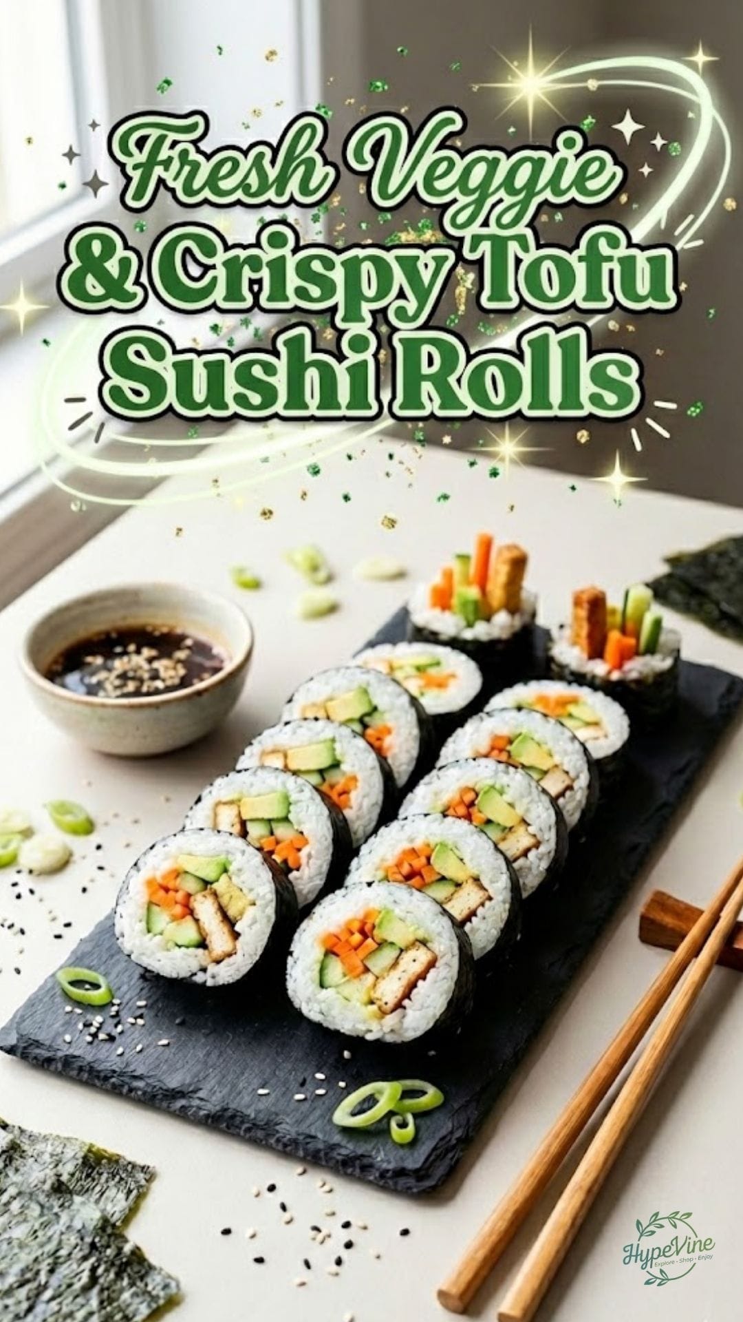 Fresh veggie and crispy tofu sushi rolls on a platter, filled with avocado, cucumber, and carrot, served with soy-ginger dipping sauce and wasabi, easy vegan tofu sushi rolls for sushi night at home.