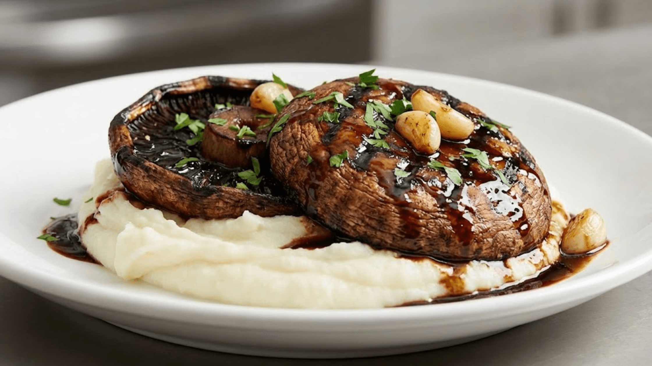 Close-up of grilled portobello mushroom steaks drizzled with glossy balsamic glaze and herbs, a vegan steak-style main dish.