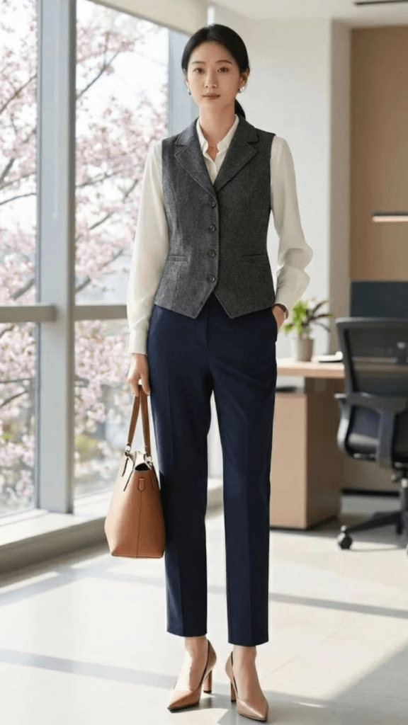 Woman wearing a gray herringbone waistcoat vest over a white button-down shirt and navy trousers, showing a modern spring work outfit.