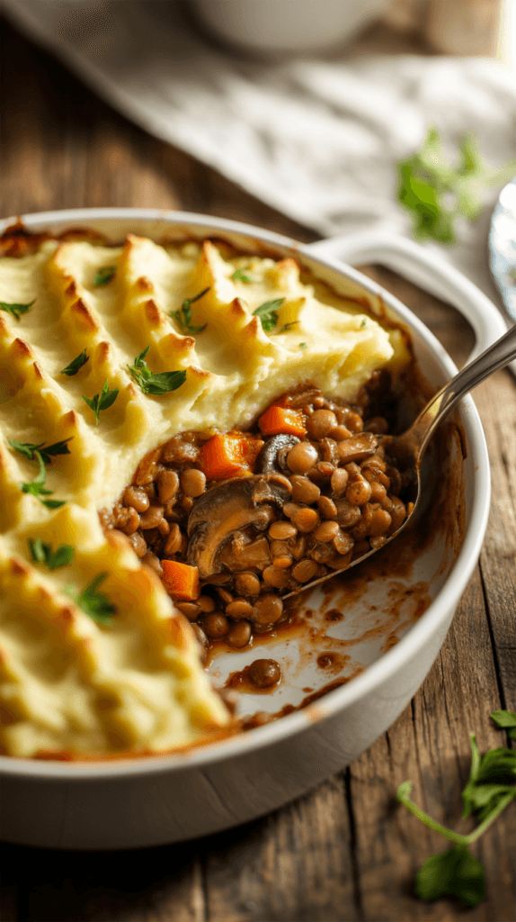 High protein vegan spring recipes &ndash; close up of smoky lentil mushroom shepherd&rsquo;s pie with golden mashed potato topping in a white baking dish on a rustic table.