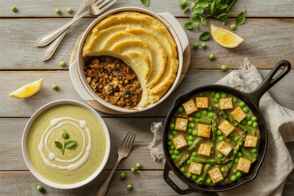 An overhead shot of three high protein vegan spring recipes including pea soup, tofu skillet, and lentil pie.