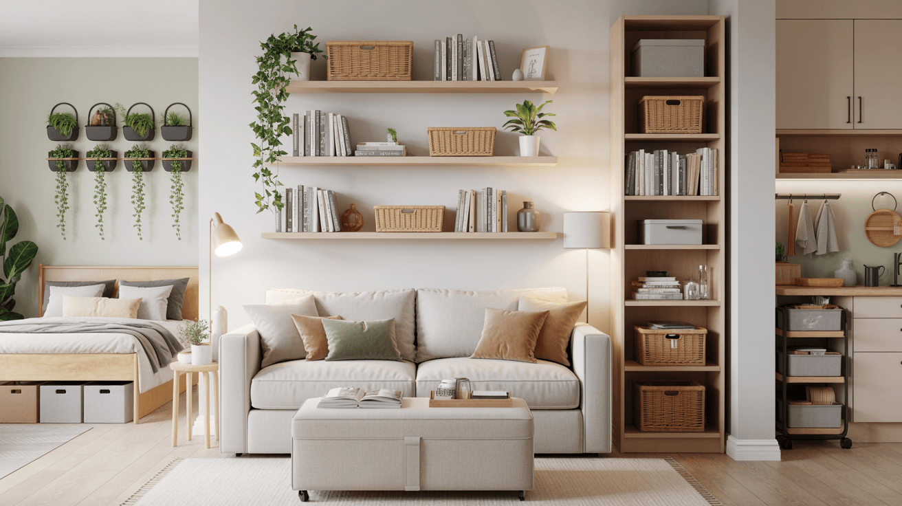 featuring a living room with vertical shelves, indoor plants, storage ottoman, and hidden bins styled as smart small apartment organization ideas.