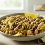 High-protein cabbage and lentil bowl with quinoa and lemon tahini dressing in a white bowl.