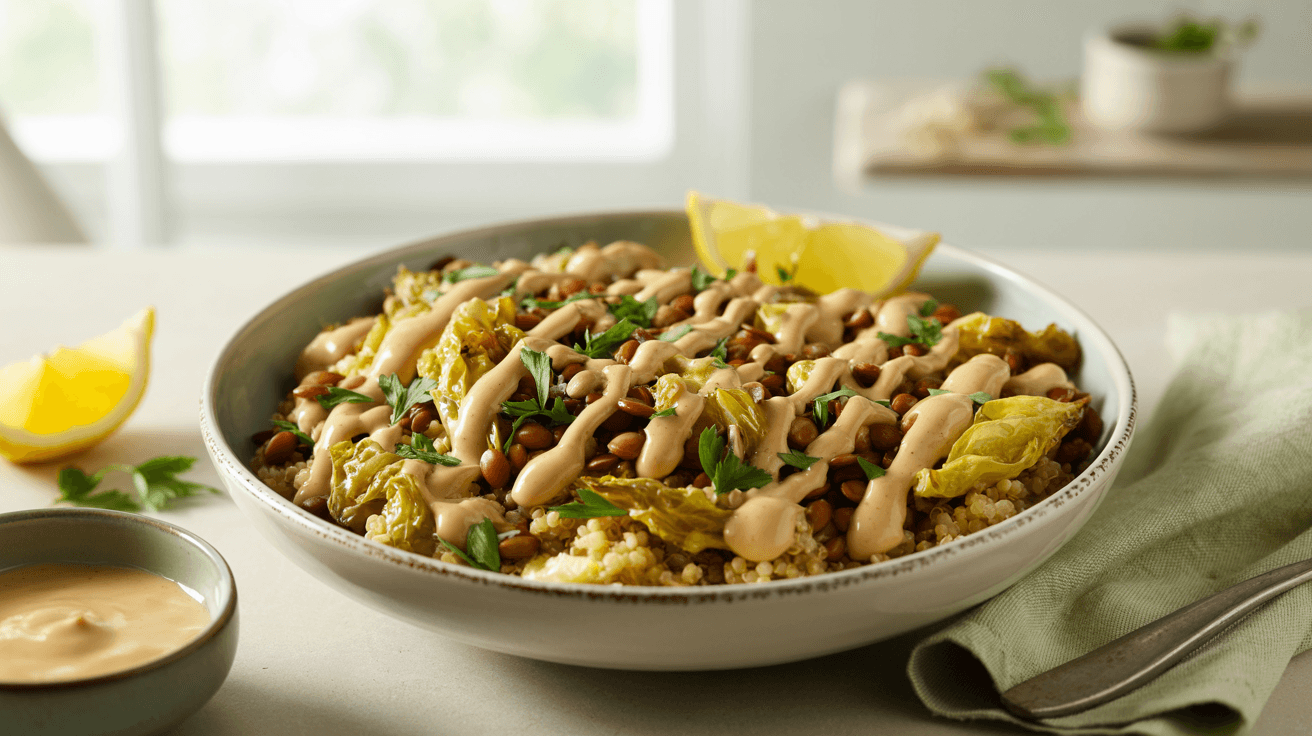 High-protein cabbage and lentil bowl with quinoa and lemon tahini dressing in a white bowl.