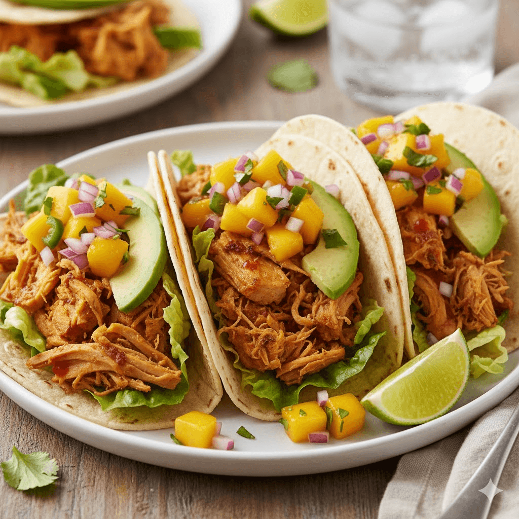 Three vegan jackfruit tacos on a white plate topped with fresh mango salsa, sliced avocado, and a side of lime.