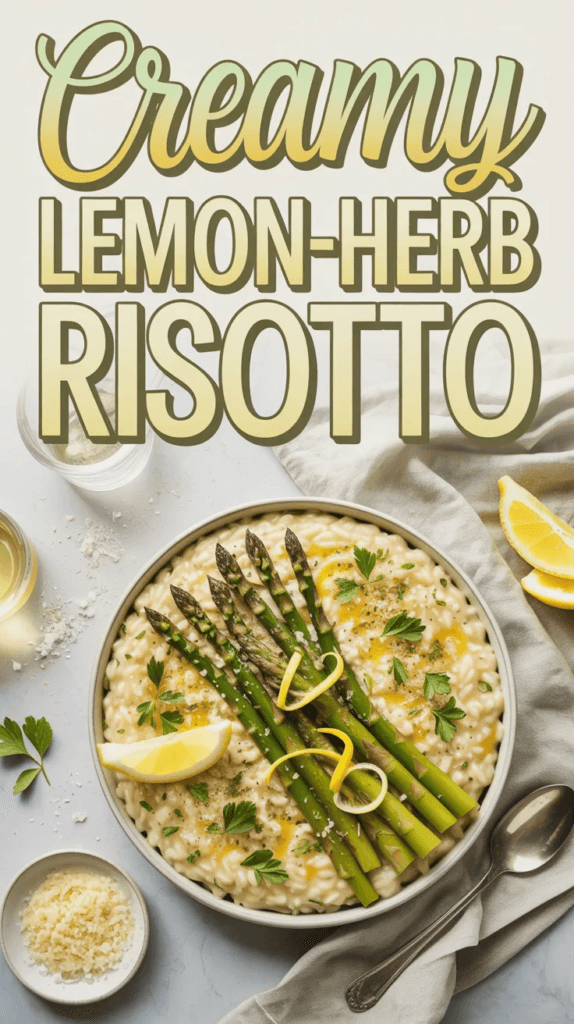 Creamy lemon-herb risotto in a shallow bowl topped with roasted asparagus spears, fresh herbs, and lemon zest, a bright vegan dinner at home.