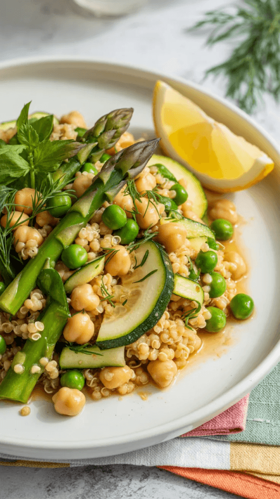 Close-up of a one-pot spring dinner with bright green asparagus, peas, and quinoa in a white bowl."