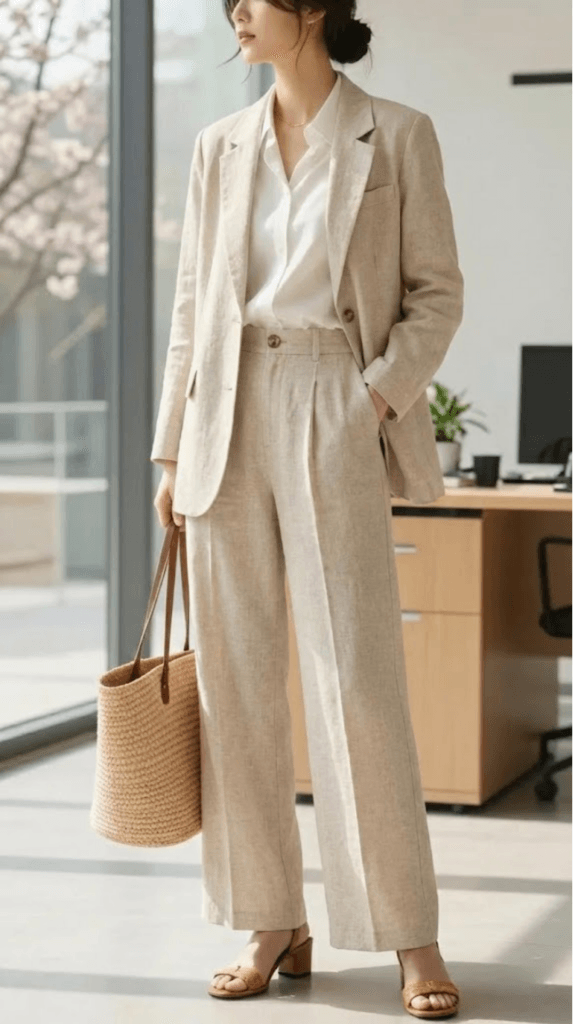 Woman wearing a light linen blazer with matching wide-leg trousers and a simple top, a relaxed spring work outfit for warmer office days.