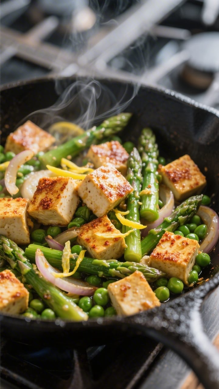 Close-up of a cast-iron skillet featuring golden crispy tofu and green asparagus spears, highlighting easy high protein vegan spring recipes.