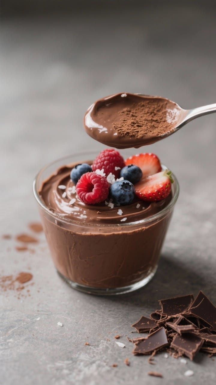 A spoonful of rich and creamy vegan chocolate mousse topped with a fresh raspberry.