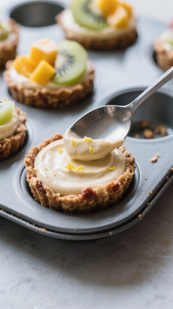 Close-up detail shot of a prepared mini vegan fruit tart crust being filled: a muffin-tin shell of n