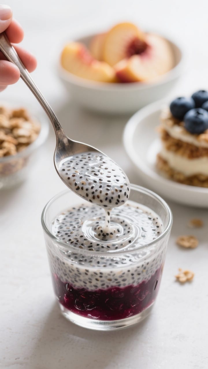 Overhead shot of assembled plant-based chia pudding parfaits in small clear glasses with mango and granola layers.