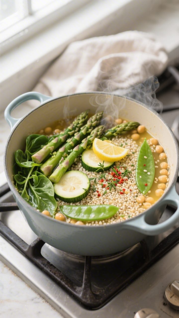 Overhead view of a one-pot spring quinoa dinner simmering in a Dutch oven with asparagus and peas.