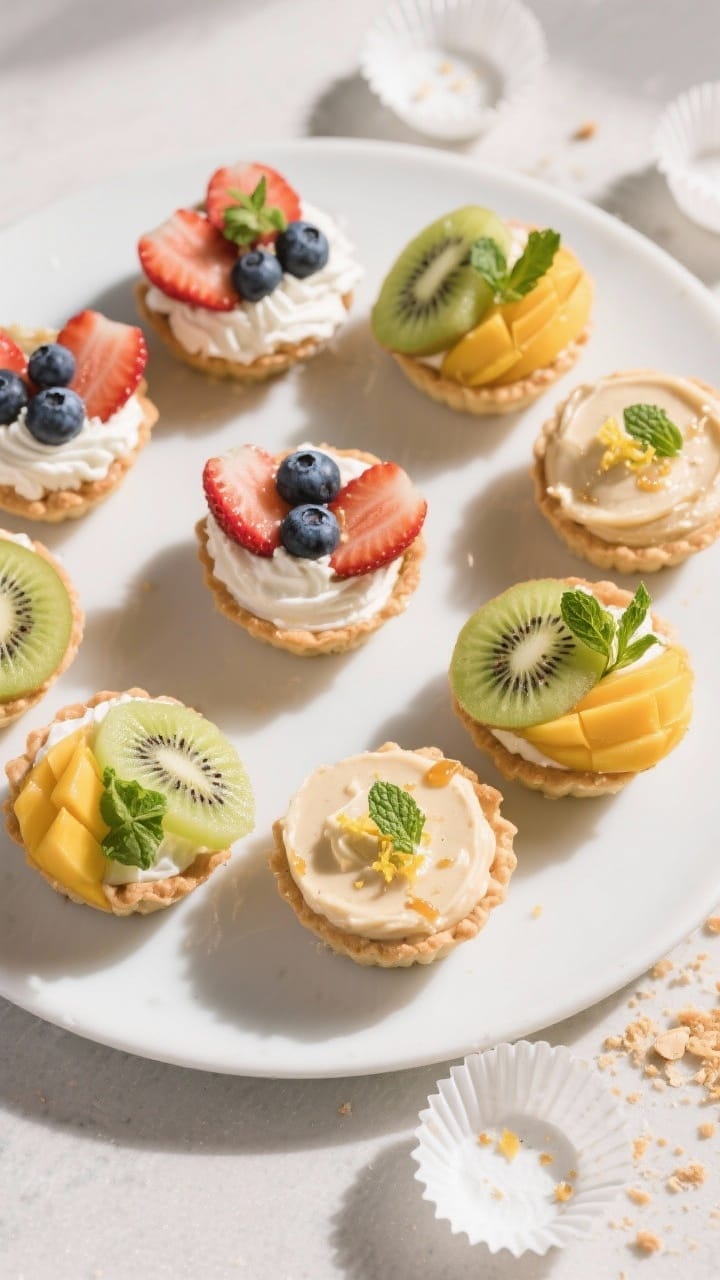Overhead final presentation of assorted mini vegan fruit tarts on a matte white platter: half filled