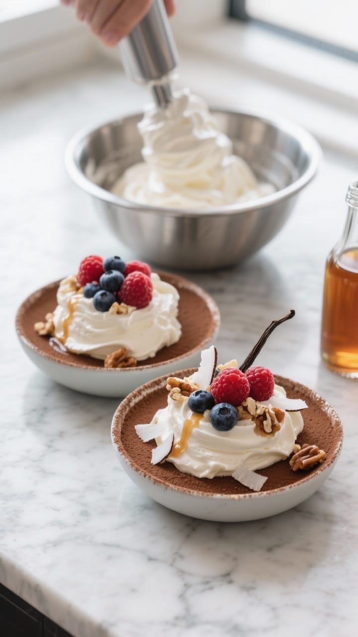 Overhead process-to-serve shot: Coconut cream version whipped to airy peaks in a chilled metal bowl,