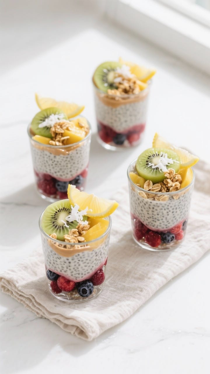 Overhead shot of assembled plant-based chia pudding parfaits in small clear glasses, neat layers vis
