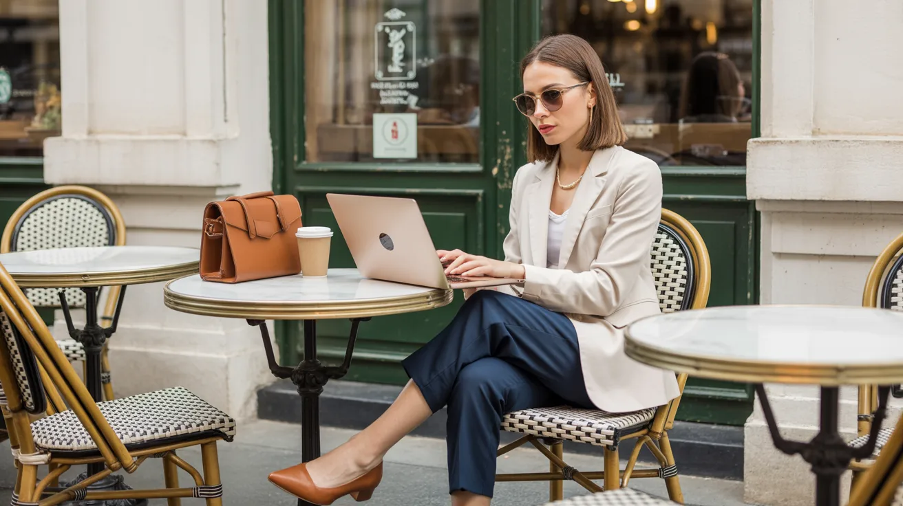 Woman in a chic spring work outfit wearing a beige blazer and navy trousers, working on a laptop at an outdoor caf&eacute;.