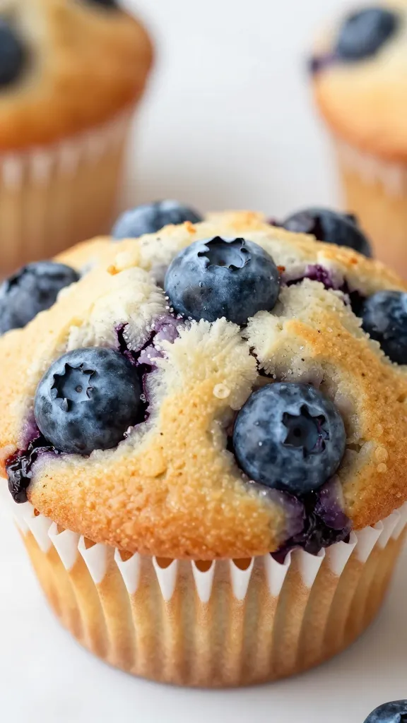 A fluffy vegan blueberry muffin with bursting jammy berries on a light background.