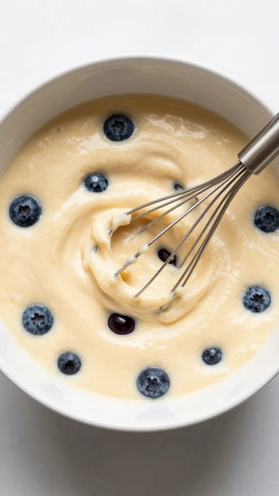 One bowl filled with blueberry muffin batter and whisk