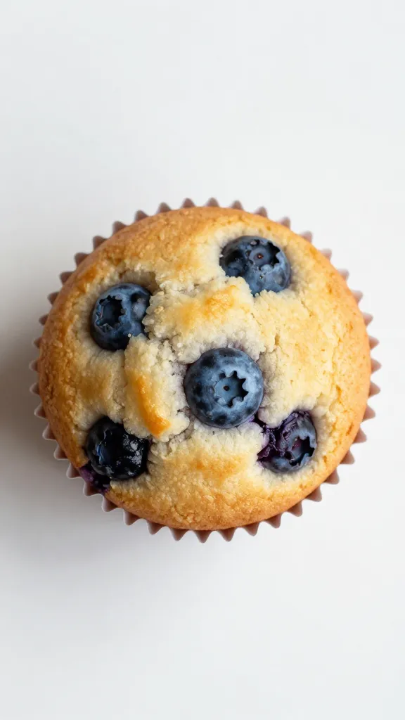 Overhead shot of one blueberry muffin in paper liner