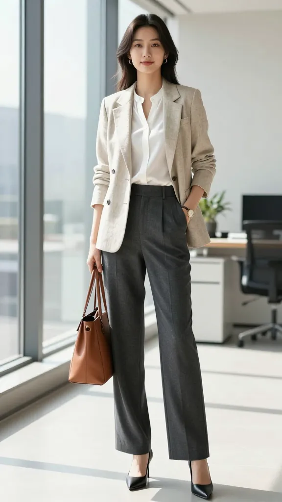 Beige linen blazer and charcoal trousers, one of my favorite effortless spring work outfit ideas for the office.
