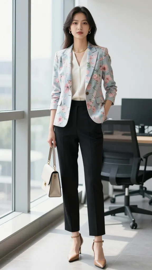 Woman wearing a pastel floral blazer, cream blouse, and black trousers in a modern office, styled as a feminine spring work outfit.