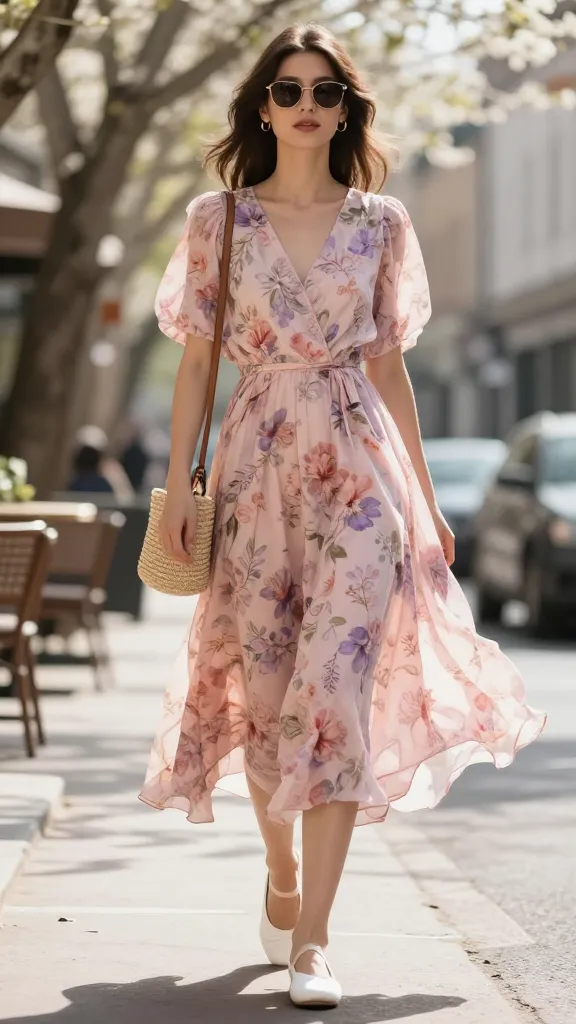 loral midi dress with white ballet flats and woven crossbody bag for spring weekend outfit ideas