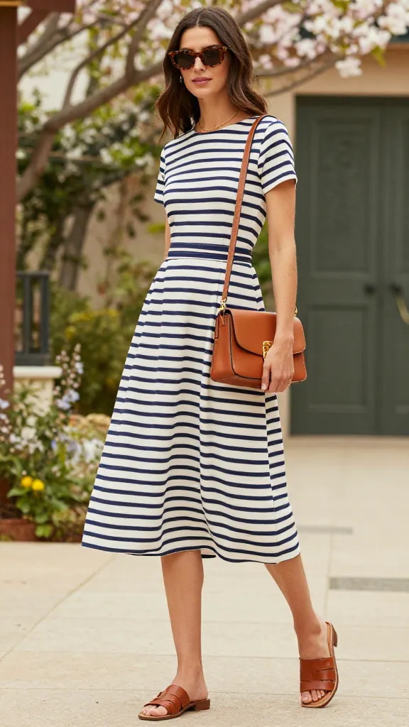 Navy striped midi dress with cognac leather accessories - cute spring weekend outfit ideas