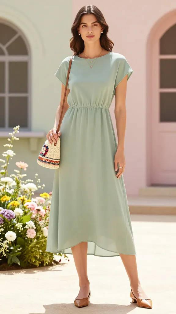 Sage green solid midi dress with statement embroidered bag for spring weekend style