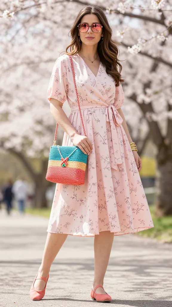 Pastel wrap midi dress with colorful spring accessories and gold bangles