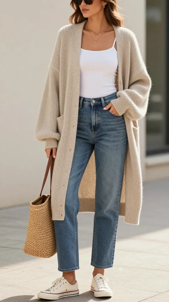 Casual spring outfits for women with an oversized oatmeal cardigan and straight-leg jeans.
