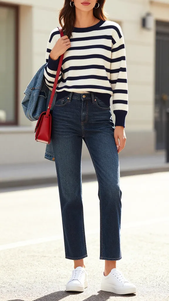 Striped navy sweater and dark denim as one of five casual spring outfits.