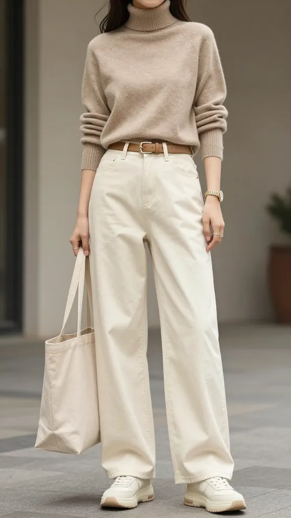 Monochrome casual spring outfits with a beige turtleneck and cream wide-leg jeans.