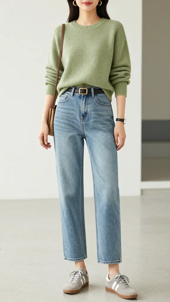 Sage green cropped sweater and high-waisted jeans for casual spring outfits.