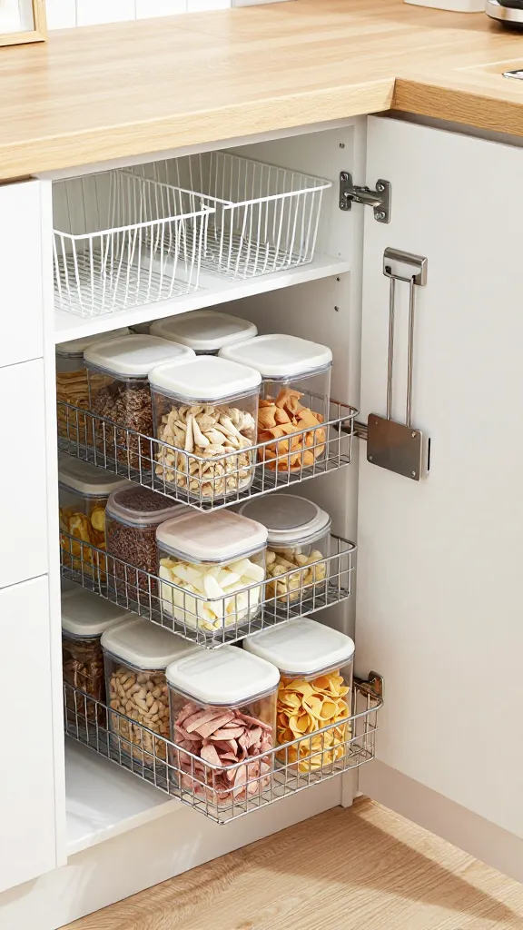 A kitchen cabinet with pull-out drawers and clear bins to maximize spring home organization ideas.