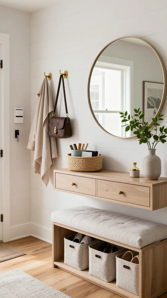 An entryway command center with hooks and a mail organizer for functional spring home organization ideas.