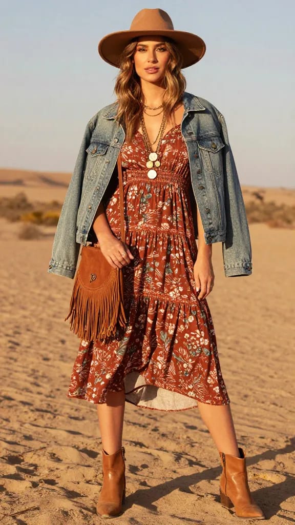 Rust floral midi dress with denim jacket and ankle boots for a Boho Fall Capsule Wardrobe