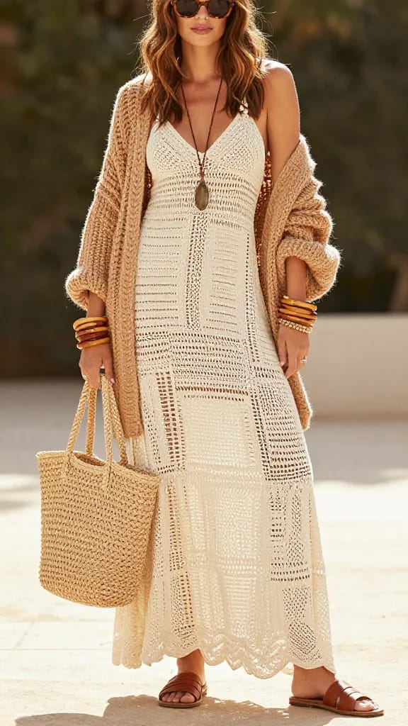 Cream crochet maxi dress with camel cardigan, woven tote, and leather slide sandals
