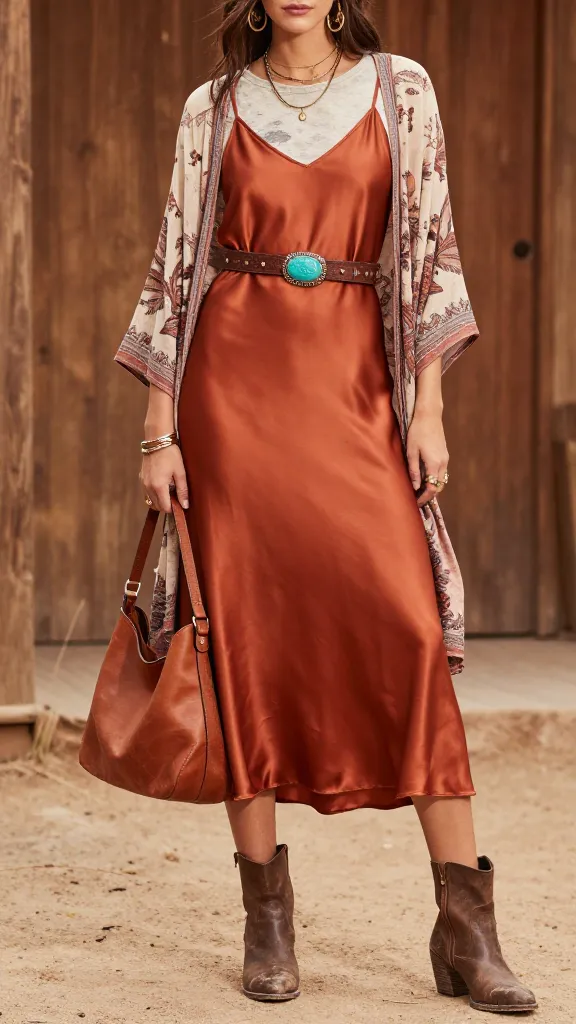 Terracotta satin slip dress layered with a vintage-inspired tee, paisley kimono, and Western ankle boots