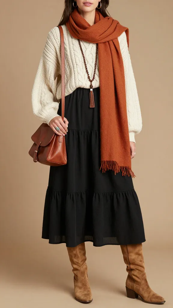 Black tiered maxi dress with cream cropped sweater, suede knee-high boots, and burnt orange scarf