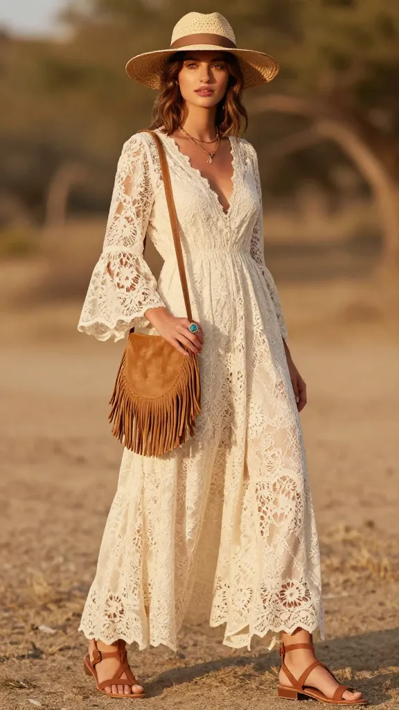 Romantic Boho Outfit Ideas - Lace Maxi Dress and Suede Bag