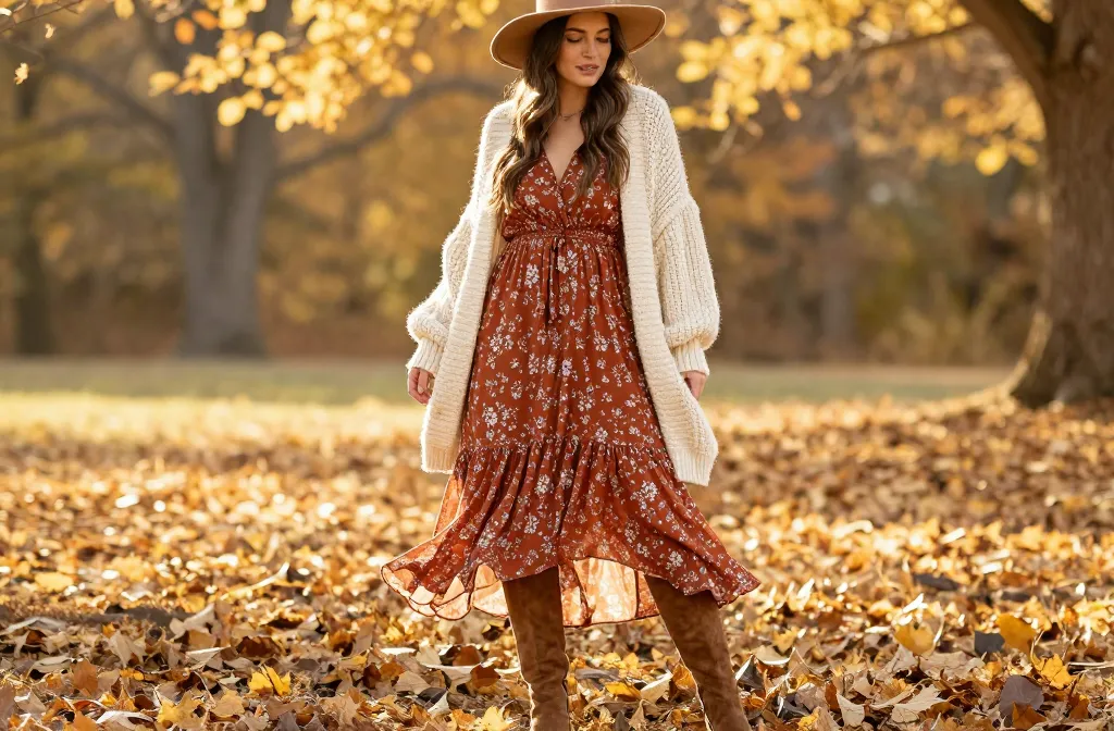 Boho fall outfits with maxi dresses, chunky knits, tall boots, and soft autumn layers for relaxed seasonal style.